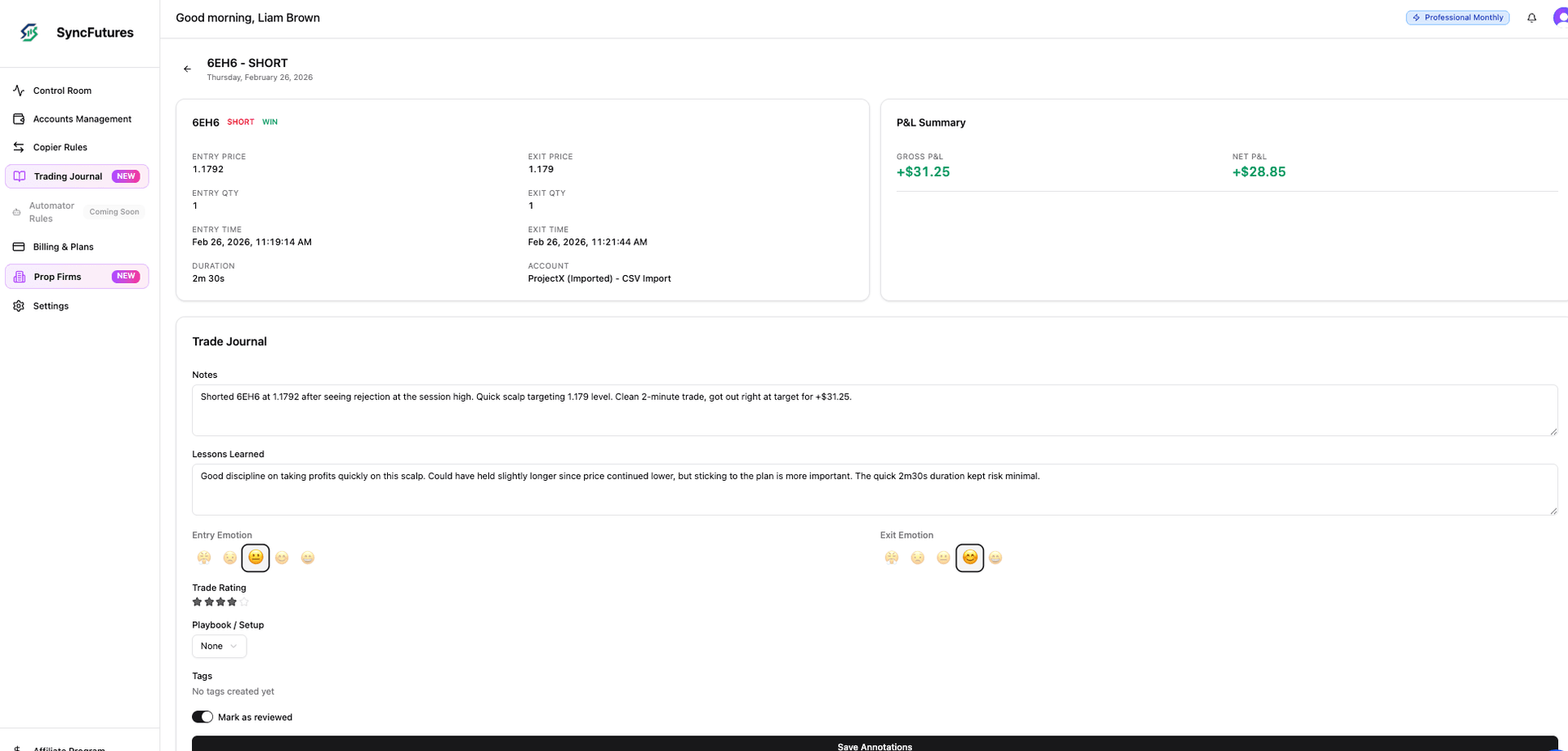 Trade annotation view with notes, emotions, ratings, and playbook tags